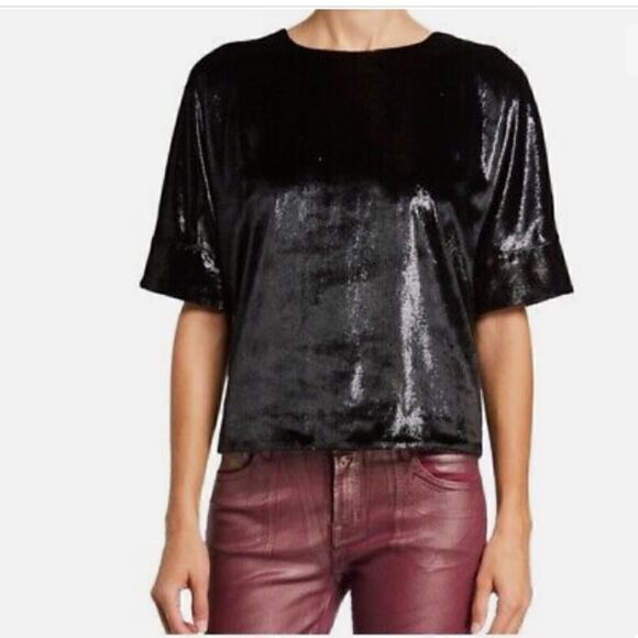 J Brand Black Daisy Short Sleeve Velvet Blouse - Picture 1 of 8
